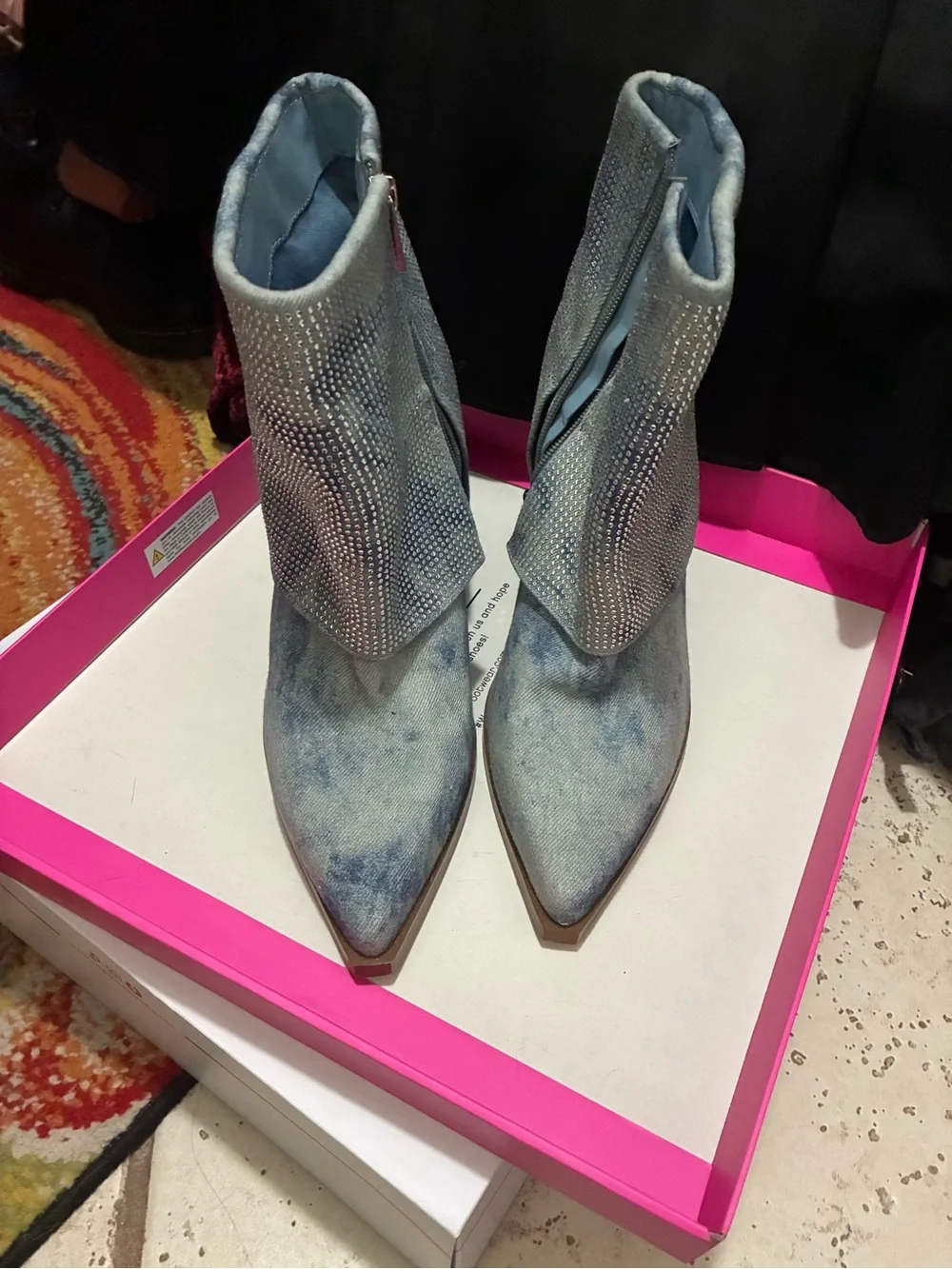 Jessica Simpson Light Blue Suede Fold-Over Crystal Cuff Block Heel Ankle Boots